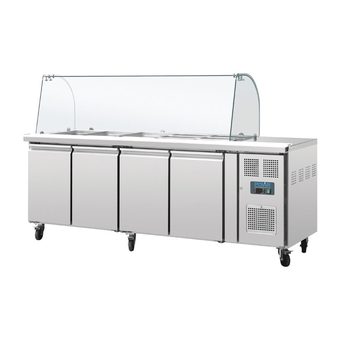Polar U-Series Refrigerated GN Counter Saladette with Sneeze Guard - 4 Door