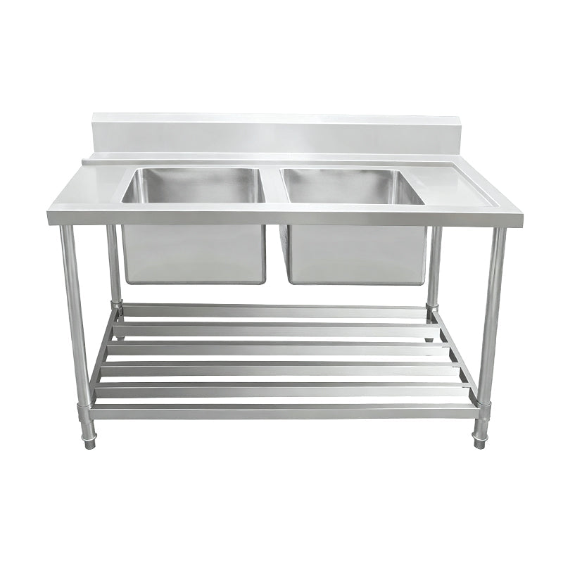 Inlet Bench - Double Sink with Splashback & Pipe Undershelf - Inlet & Sink on Left / 750 / ASDD-1875L