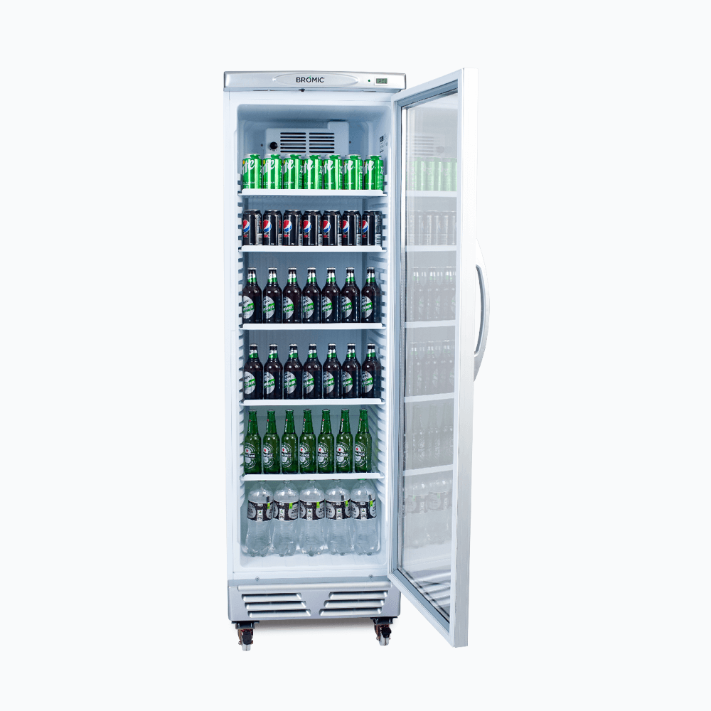 Bromic Upright Display Fridge - 372L - 1 Door - Flat Glass - White with Silver Trim