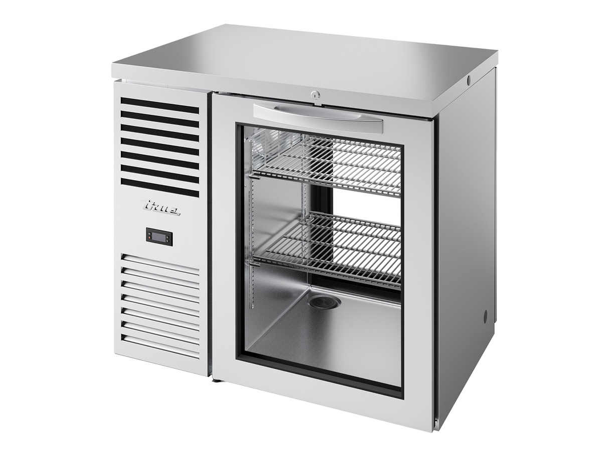 True Refrigeration Pass-Thru Bar Refrigerator Stainless Steel Ext 1 Glass Swing Door Front 1 Glass Swing Door Rear - TBR36-PTSZ1-L-S-G-G-2