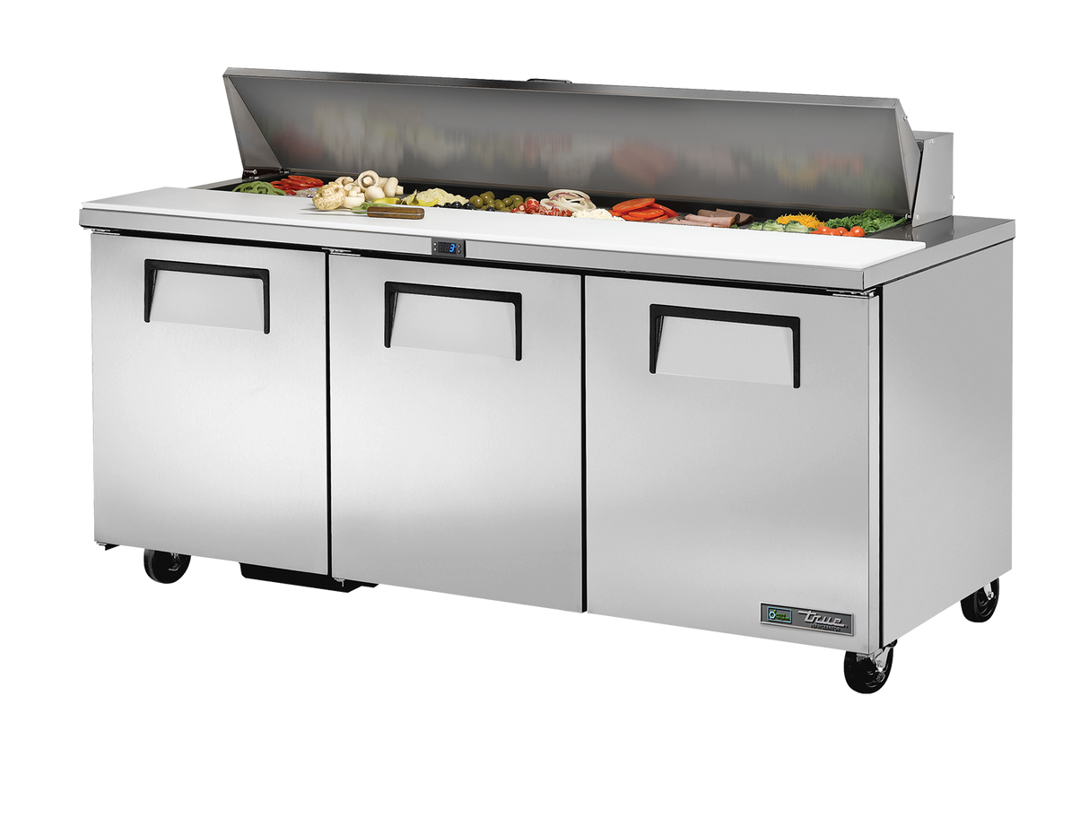 True Refrigeration Prep Table 18x 1/6 Top Pans 3 Solid Swing Doors - TSSU-72-18-HC