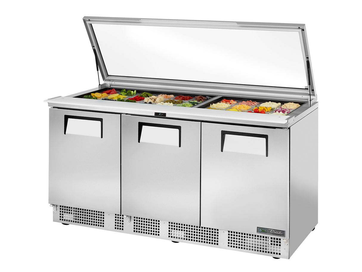 True Refrigeration Glass Lid Prep Table 30x 1/6 Top Pans 3 Solid Swing Doors - TFP-72-30M-FGLID-HC