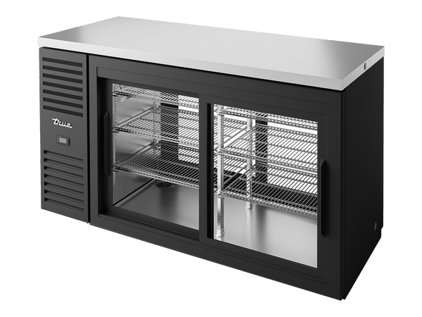 True Refrigeration Pass - Thru Bar Refrigerator Black Ext 2 Glass Slide Doors Front 2 Glass Slide Doors Rear - TBR60 - PTSZ1 - L - B - 11 - 11 - 2 - Whisk Hospitality - TBR60-PTSZ1-L-B-11-11-2