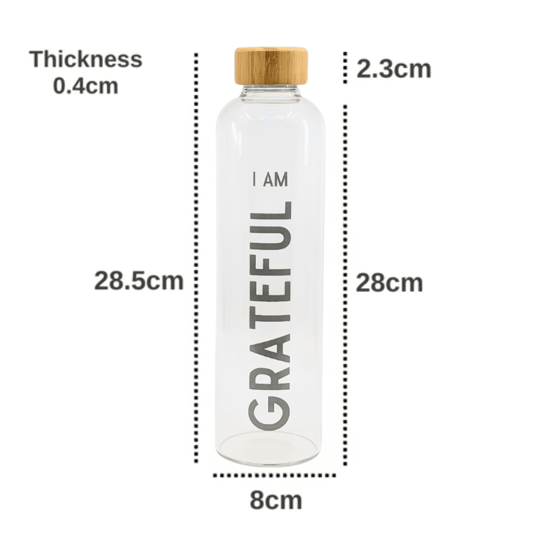 1 Litre Glass Water Bottle “I AM Grateful” with Bamboo Lid - Whisk Hospitality - G1LGR