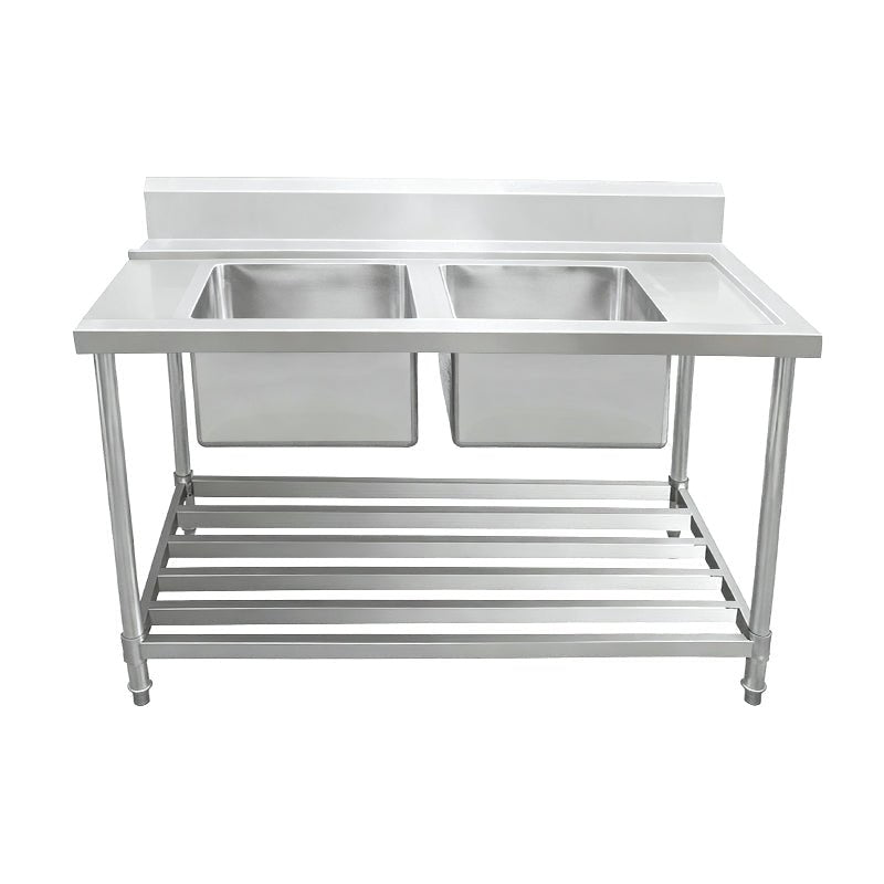 Inlet Bench - Double Sink with Splashback & Pipe Undershelf - Inlet & Sink on Left / 750 / ASDD-1575L - Whisk Hospitality - 622364