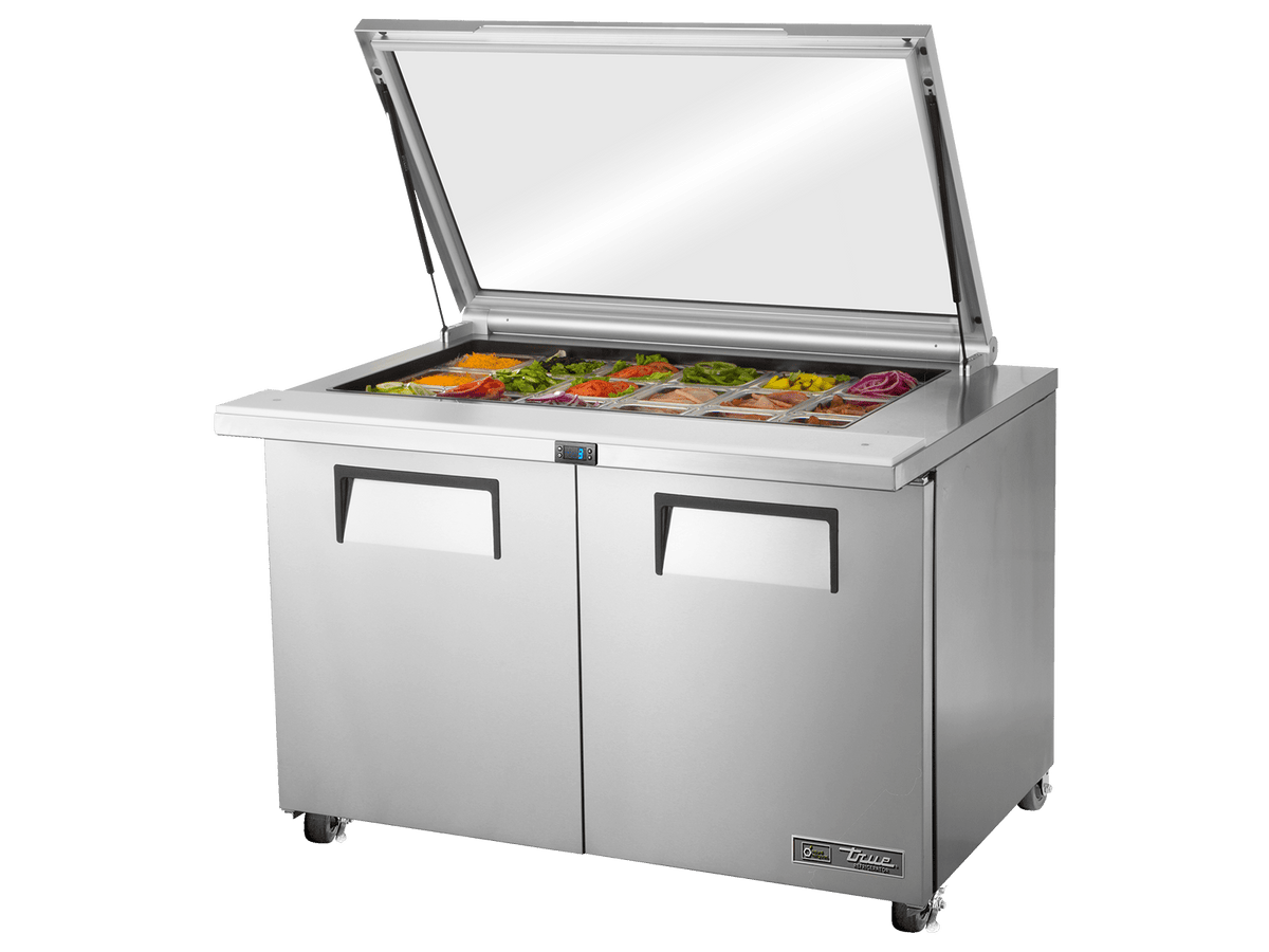 True Refrigeration Glass Lid Prep Table 18x 1/6 Top Pans 2 Solid Swing Doors - TSSU - 48 - 18M - B - FGLID - HC - Whisk Hospitality - TSSU-48-18M-B-FGLID-HC