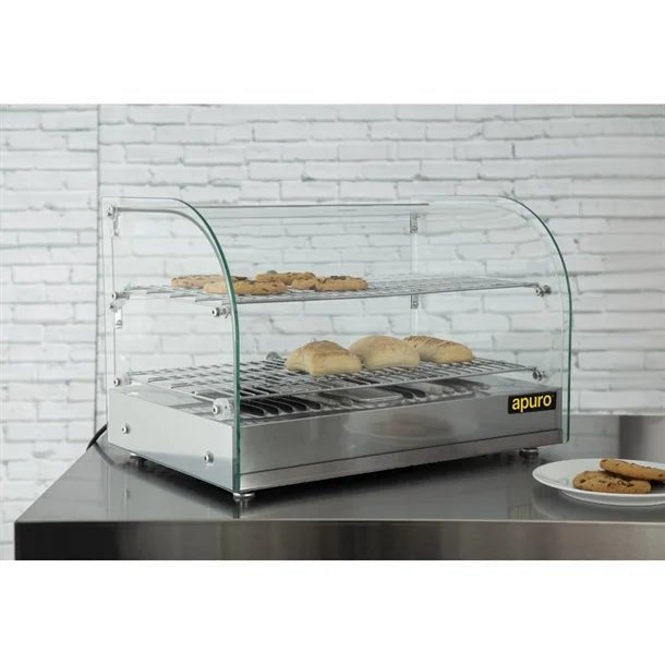 Apuro Pastry Heated Showcase Curved Glass w/Hinged Rear Doors 2 Shelves 45Ltr CK916 - A - Whisk Hospitality - CK916-A