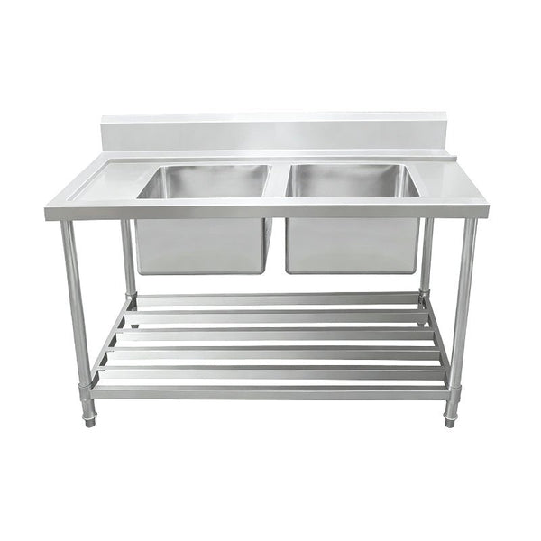 Inlet Bench - Double Sink with Splashback & Pipe Undershelf - Inlet & Sink on Right / 700 / ASDD-1570R - Whisk Hospitality - 622368