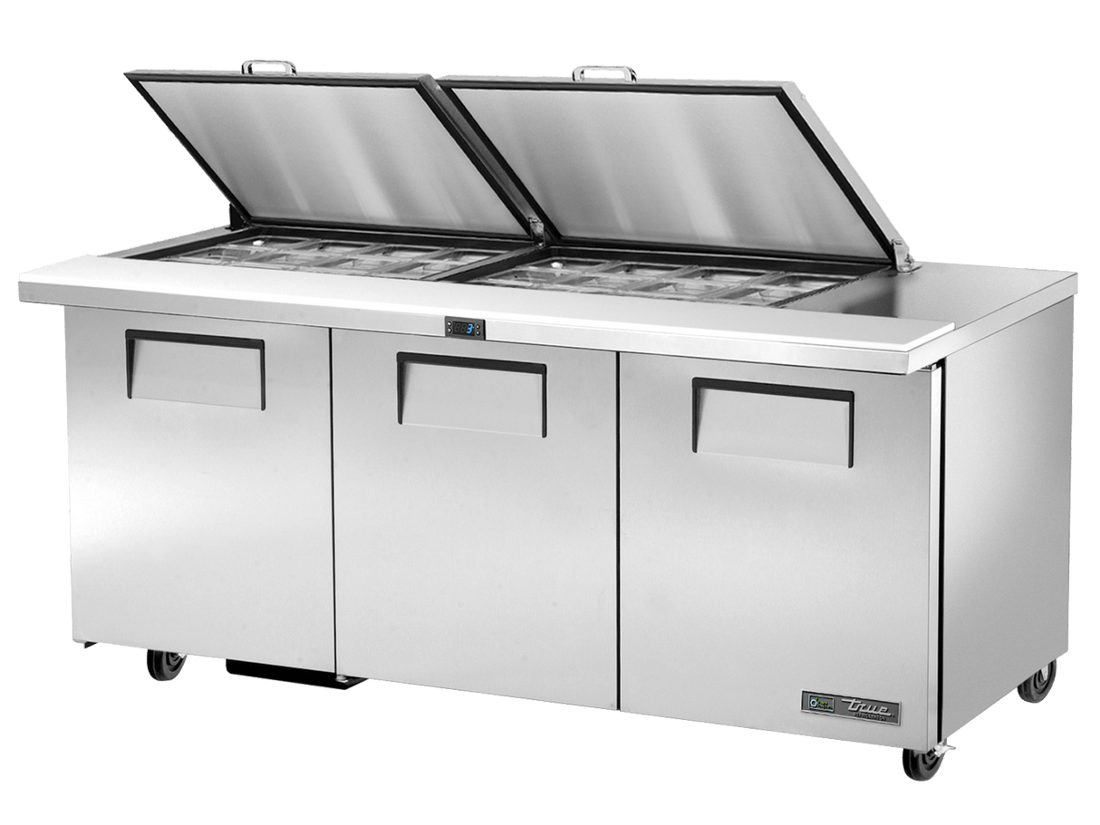 True Refrigeration Prep Table, 24x 1/6 Top Pans, 3 Solid Swing Doors, Removable lids - TSSU - 72 - 24M - B - ST - HC FLID - Whisk Hospitality - TSSU-72-24M-B-ST-HC FLID