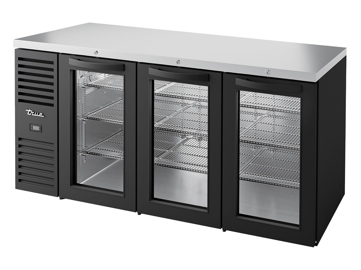 True Refrigeration Bar Refrigerator Black Ext 3 Glass Swing Doors - TBR72 - RISZ1 - L - B - GGG - 2 - Whisk Hospitality - TBR72-RISZ1-L-B-GGG-2
