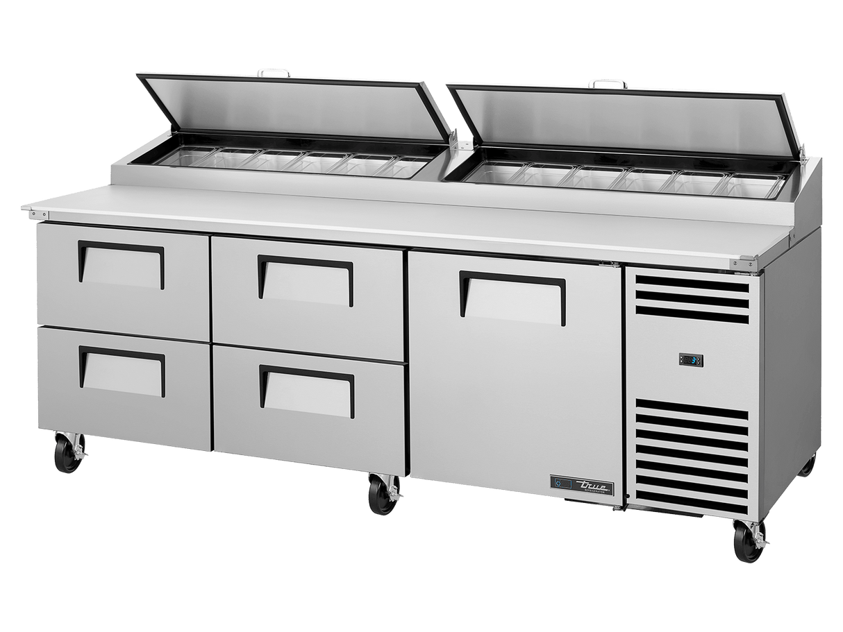 True Refrigeration Pizza Prep Table 12x 1/3 Top Pans 4 Drawers + 1 Solid Swing Door - TPP - AT2 - 93D - 4 - HC - Whisk Hospitality - TPP-AT2-93D-4-HC