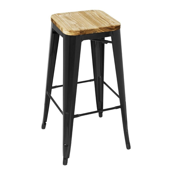 Bolero Steel Bistro High Stool with Wooden Seatpad (Black) (Pack 4) GM640 - Whisk Hospitality - GM640