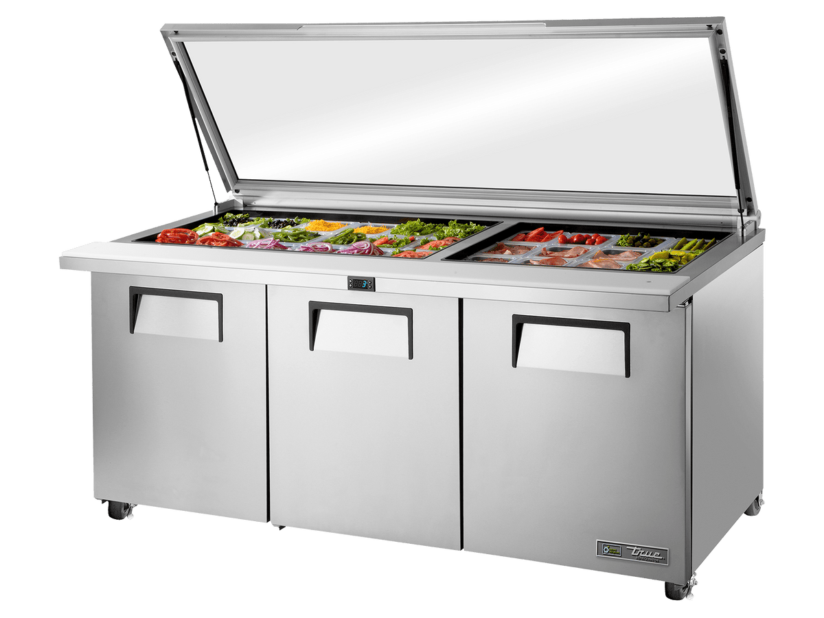 True Refrigeration Glass Lid Prep Table, 30x 1/6 Top Pans, 3 Solid Swing Doors - TSSU - 72 - 30M - B - ST - FGLID - HC - Whisk Hospitality - TSSU-72-30M-B-ST-FGLID-HC