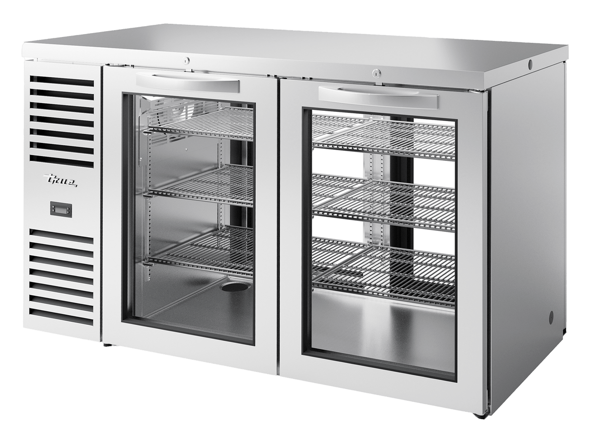 True Refrigeration Pass - Thru Bar Refrigerator Stainless Steel Ext 2 Glass Swing Doors Front 2 Glass Swing Doors Rear - TBR60 - PTSZ1 - L - S - GG - GG - 2 - Whisk Hospitality - TBR60-PTSZ1-L-S-GG-GG-2