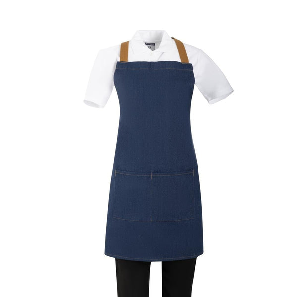 Southside Short Length X - Cross Back Bib Apron Denim Blue (Tan Ties) - 780x700mm BA159 - Whisk Hospitality - BA159