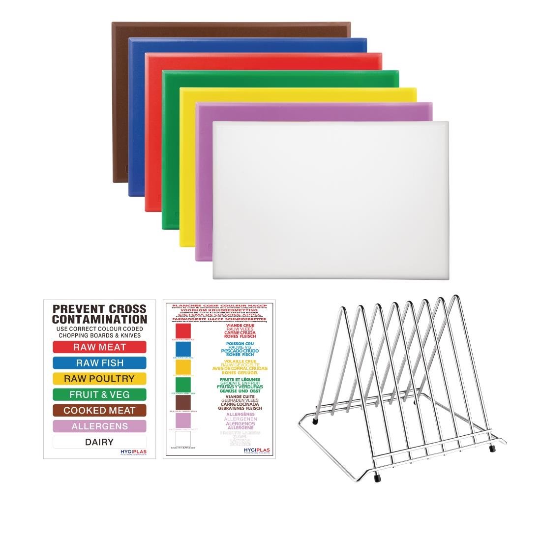 Hygiplas High Density Chopping Board Set 7 Boards & Steel Rack & Wall Chart FY993 - Whisk Hospitality - FY993