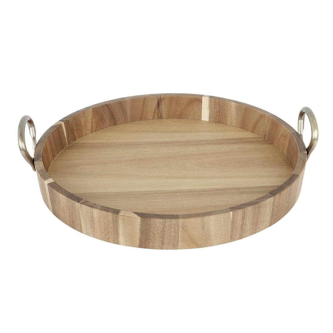 Olympia Round Tray Acacia Wood With Metal Handle - 440x405x100mm HX393 - Whisk Hospitality - HX393