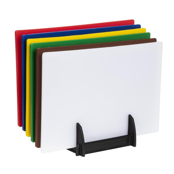 Hygiplas Low Density Set of 6 Chopping Boards with Rack - 450x300x10mm FY329 - Whisk Hospitality - FY329