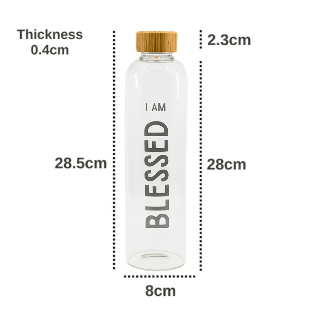 1 Litre Glass Water Bottle “I AM Blessed” with Bamboo Lid - Whisk Hospitality - G1LBL