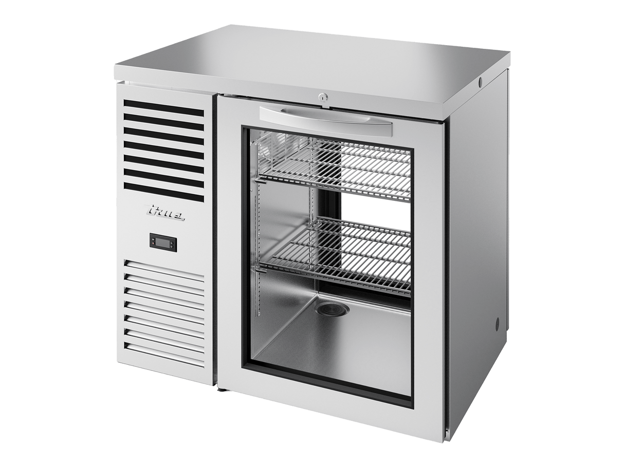 True Refrigeration Pass - Thru Bar Refrigerator Stainless Steel Ext 1 Glass Swing Door Front 1 Glass Swing Door Rear - TBR36 - PTSZ1 - L - S - G - G - 2 - Whisk Hospitality - TBR36-PTSZ1-L-S-G-G-2