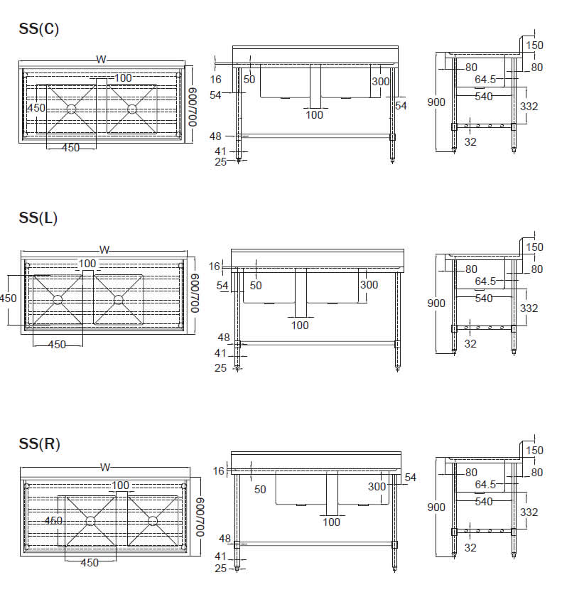 Mixrite DOUBLE SINK BENCH W1200 X D600 X H900 SS2612C