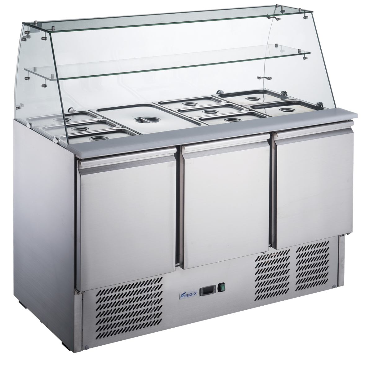 FED-X Three Door Salad Prep Fridge with Glass Top - XS903GC