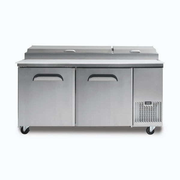Bromic Pizza Prep Fridge with topping pans open on the line