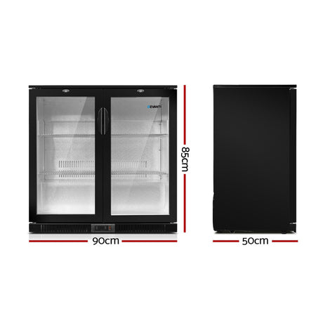 Devanti 198L Bar Fridge Dual Glass Door w/Light Black