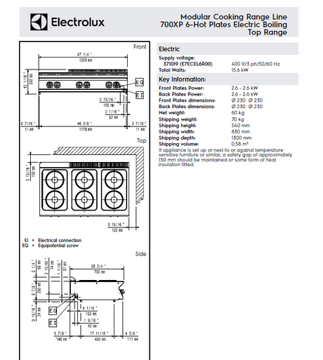Electrolux 371019/E7ECEL6R00 6 Hot Plates Electric Boiling Top