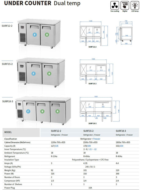 Skipio SURF12-2 Double Door Undercounter Fridge/Freezer