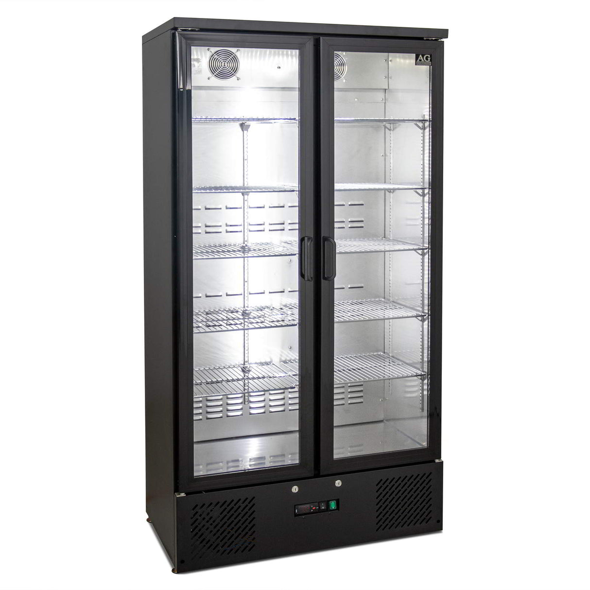 AG 477L Upright Double Glass Door Display / Backbar Fridge - Black B500G
