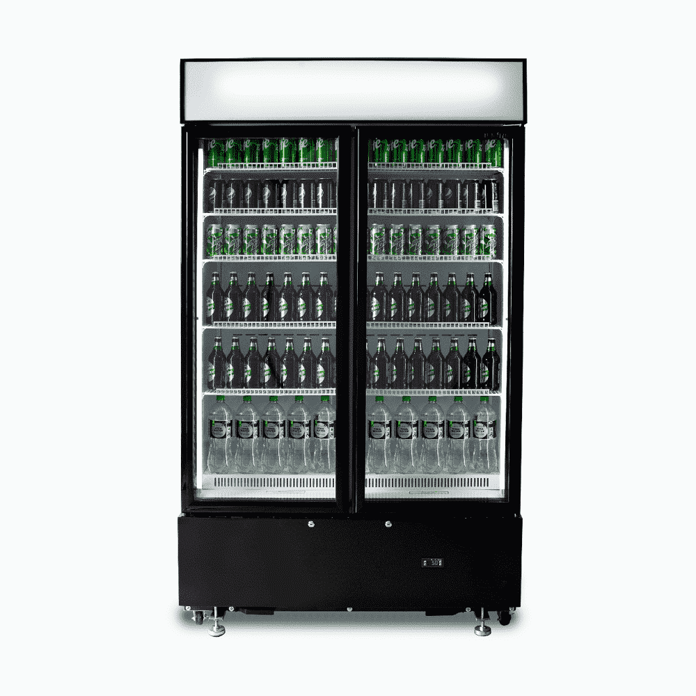 Upright Display Fridge - 960L - 2  Doors - Flat Glass - Cassette - Black