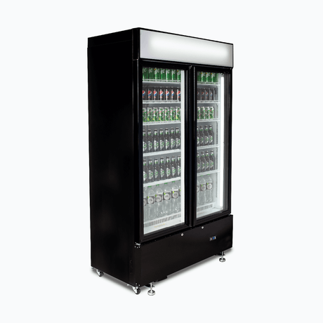 Upright Display Fridge - 960L - 2  Doors - Flat Glass - Cassette - Black