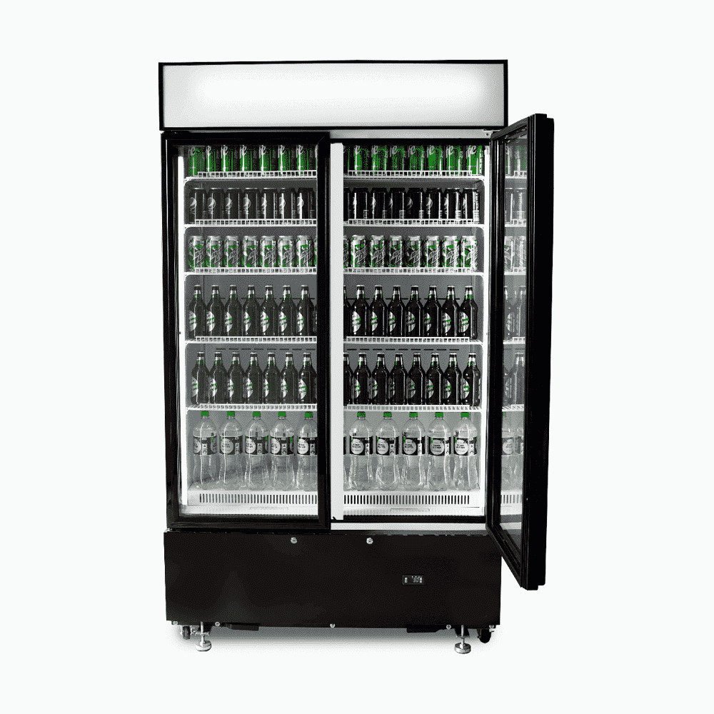 Upright Display Fridge - 960L - 2  Doors - Flat Glass - Cassette - Black