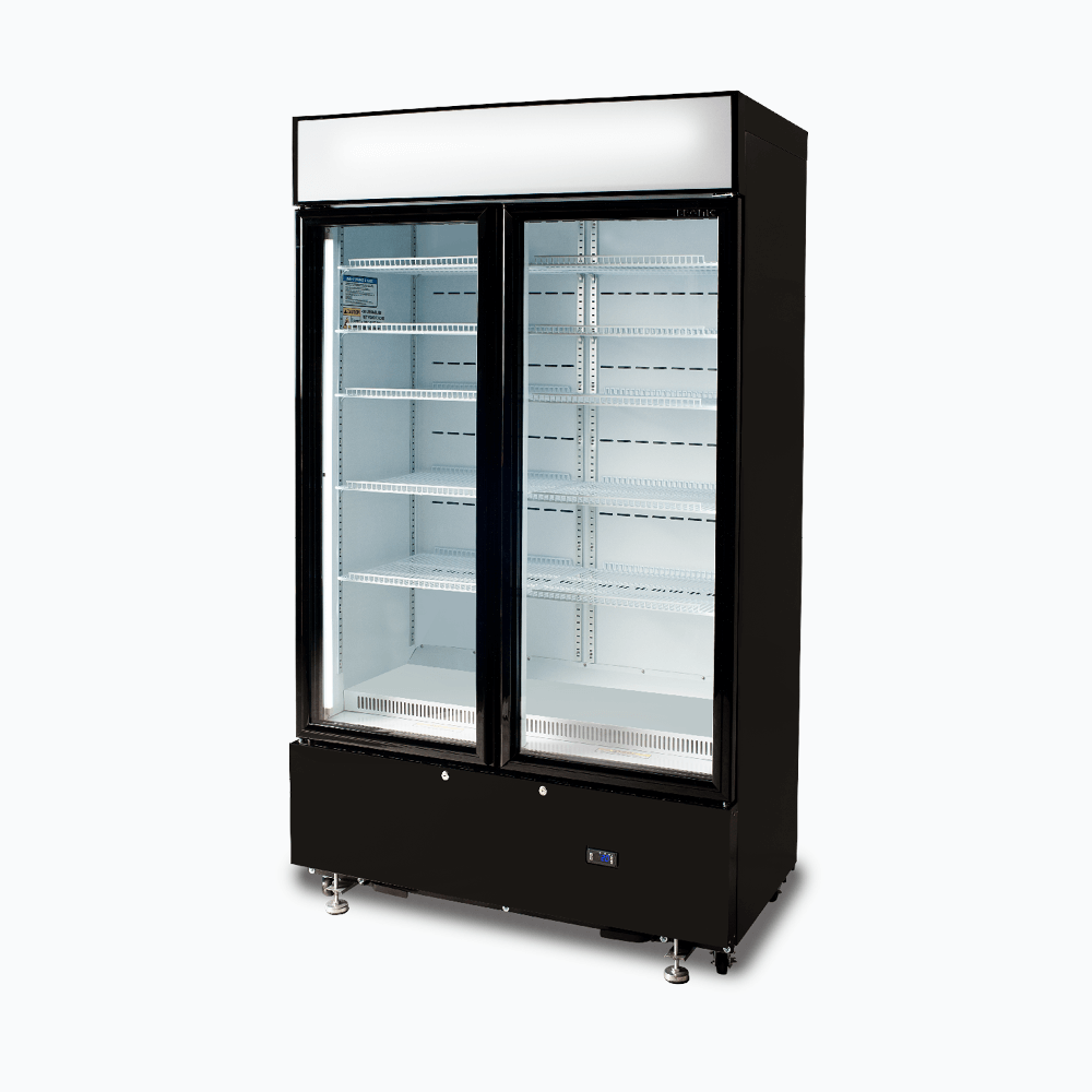 Upright Display Fridge - 960L - 2  Doors - Flat Glass - Cassette - Black