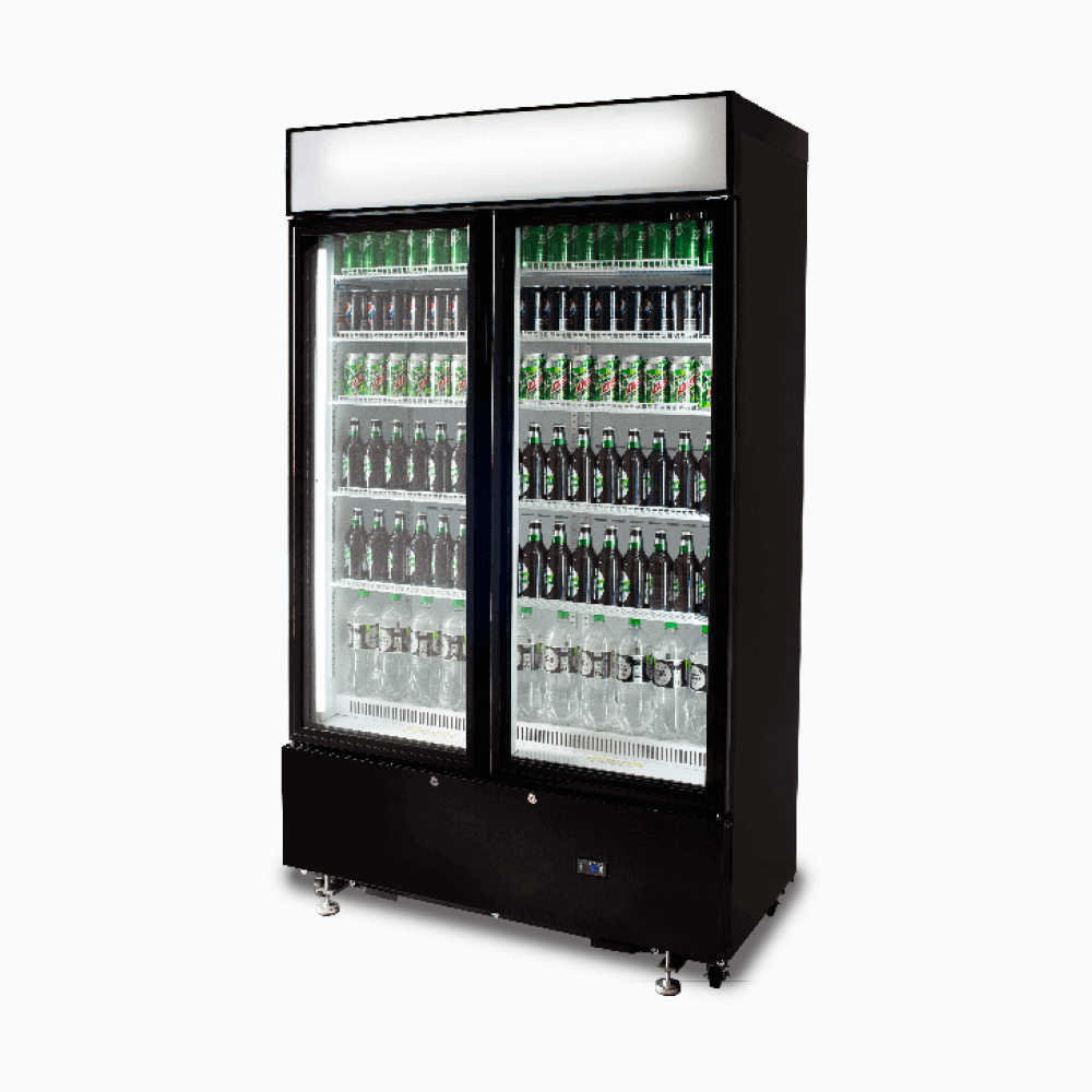 Upright Display Fridge - 960L - 2  Doors - Flat Glass - Cassette - Black