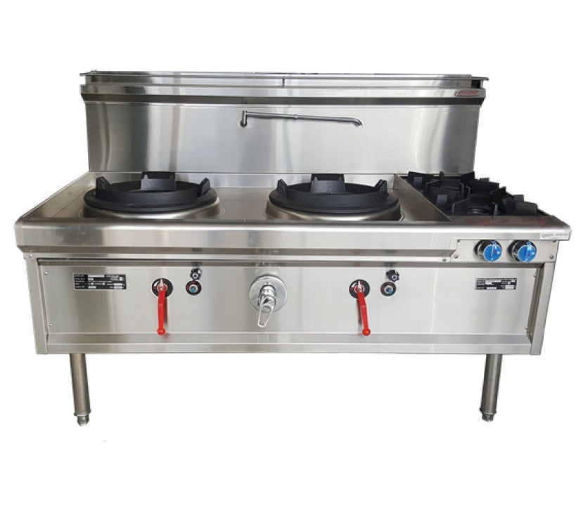 Oxford Two Hole Waterless Wok with 2 Horizontal Side Burners - Chimney Burner F2B CH WL 2B