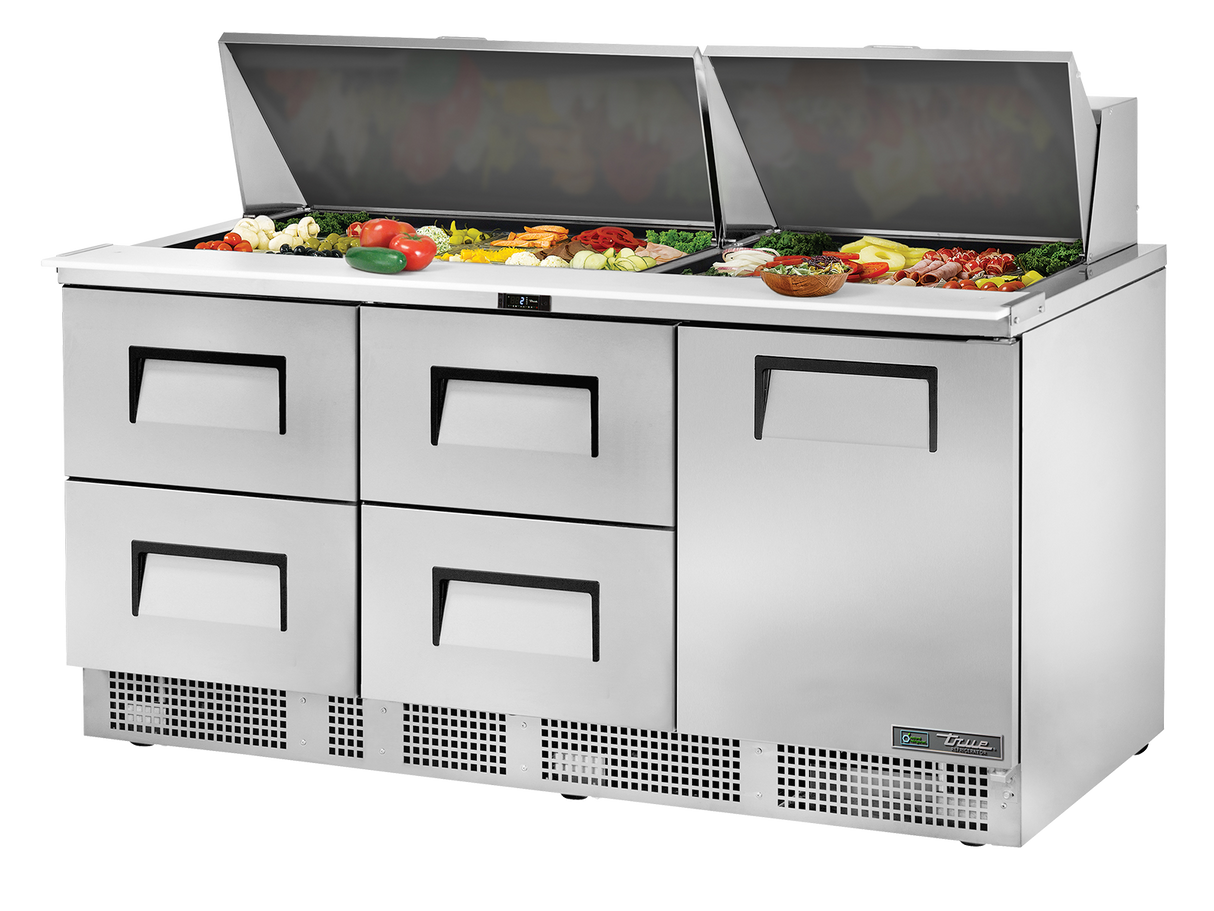 True Refrigeration Prep Table 30x 1/6 Top Pans 4 Drawers + 1 Solid Swing Door - TFP-72-30M-D-4-HC