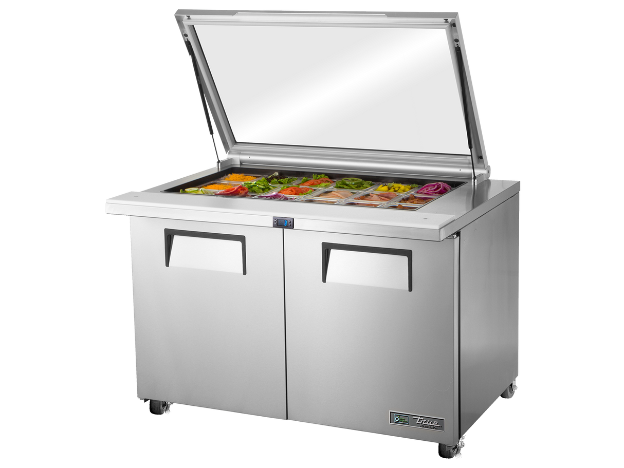 True Refrigeration Glass Lid Prep Table 18x 1/6 Top Pans 2 Solid Swing Doors - TSSU-48-18M-B-FGLID-HC