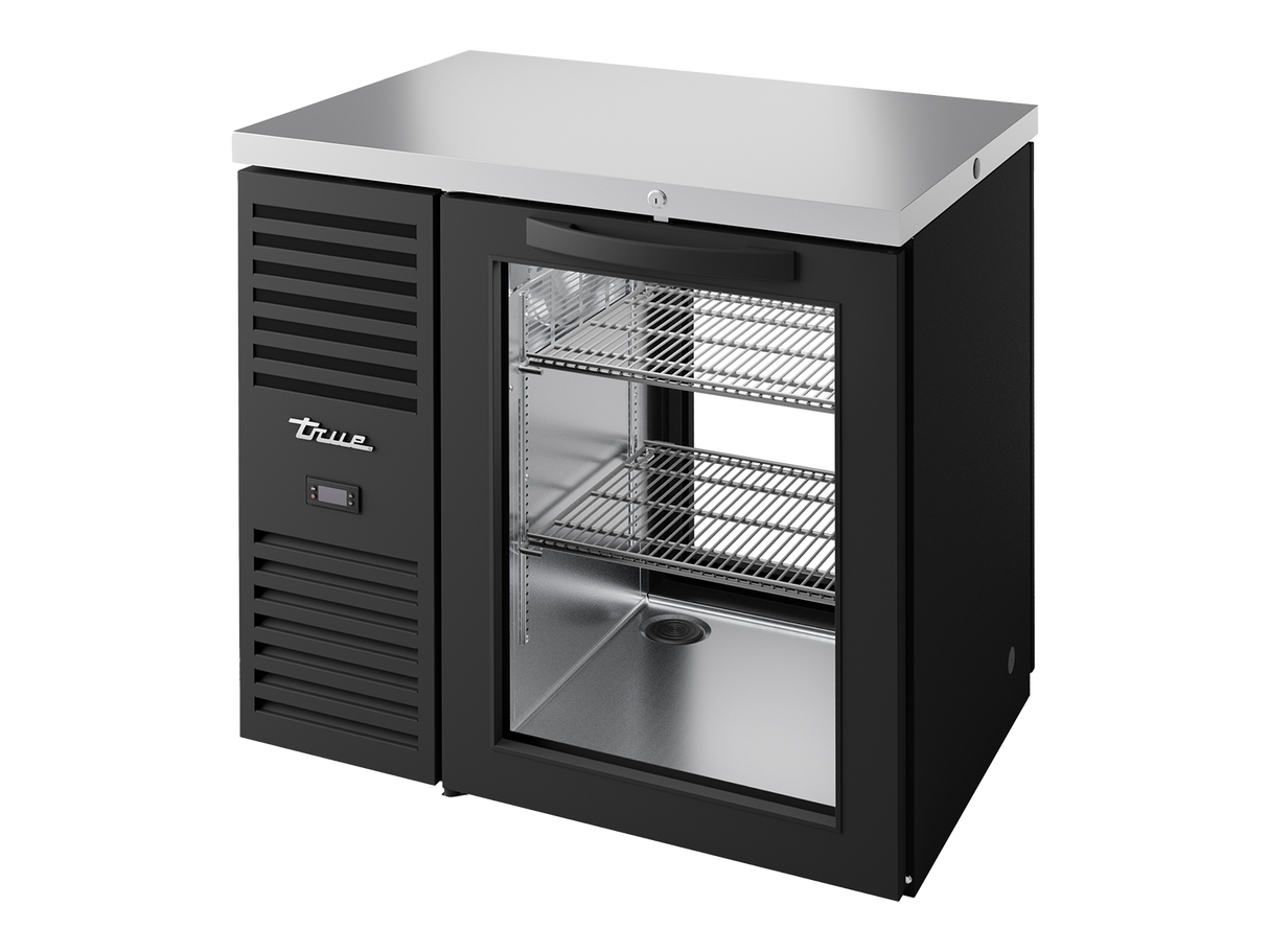 True Refrigeration Pass-Thru Bar Refrigerator Black Ext 1 Glass Swing Door Front 1 Glass Swing Door Rea - TBR36-PTSZ1-L-B-G-G-2