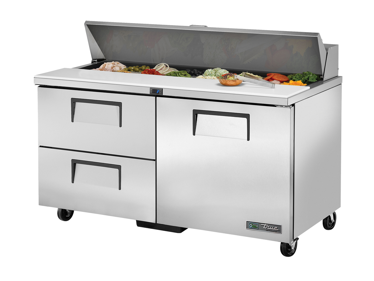 True Refrigeration Prep Table 16x 1/6 Top Pans 2 Drawers + 1 Solid Swing Door - TSSU-60-16D-2-HC