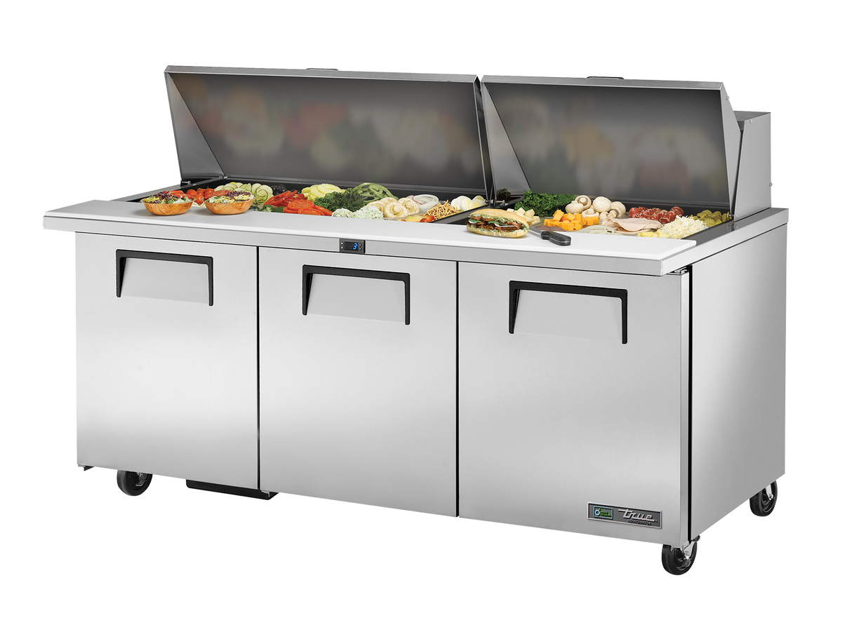 True Refrigeration Prep Table 30x 1/6 Top Pans 3 Solid Swing Doors - TSSU-72-30M-B-ST-HC
