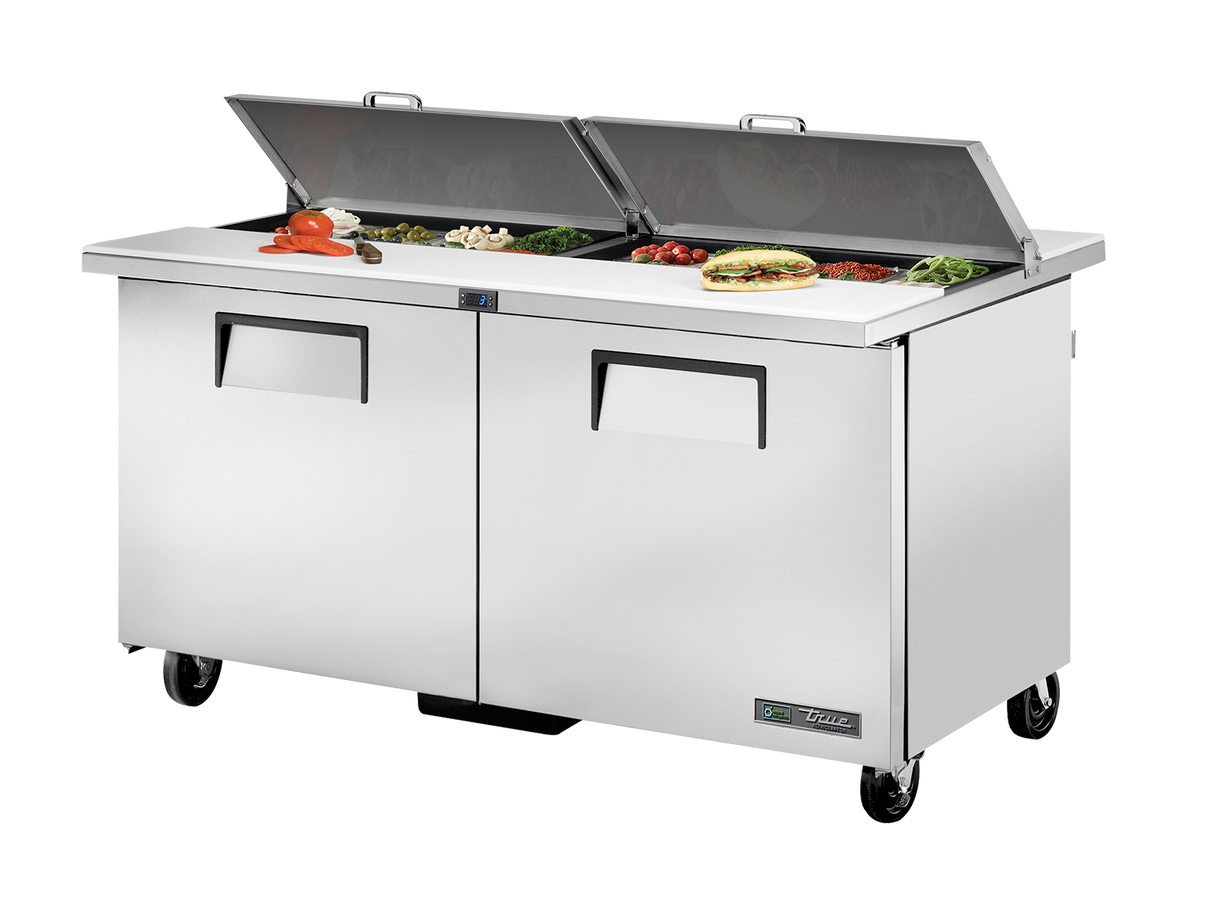 True Refrigeration Dual-Sided Prep Table 16x 1/6 Top Pans 2 Solid Swing Doors - TSSU-60-16-DS-ST-HC