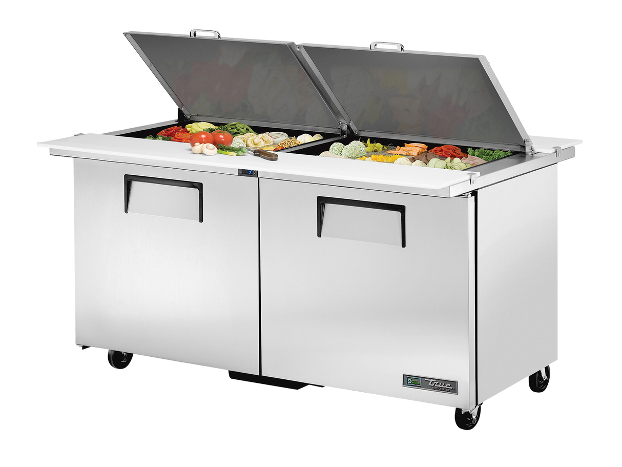 True Refrigeration Dual-Sided Prep Table 24x 1/6 Top Pans 2 Solid Swing Doors - TSSU-60-24M-B-DS-ST-HC
