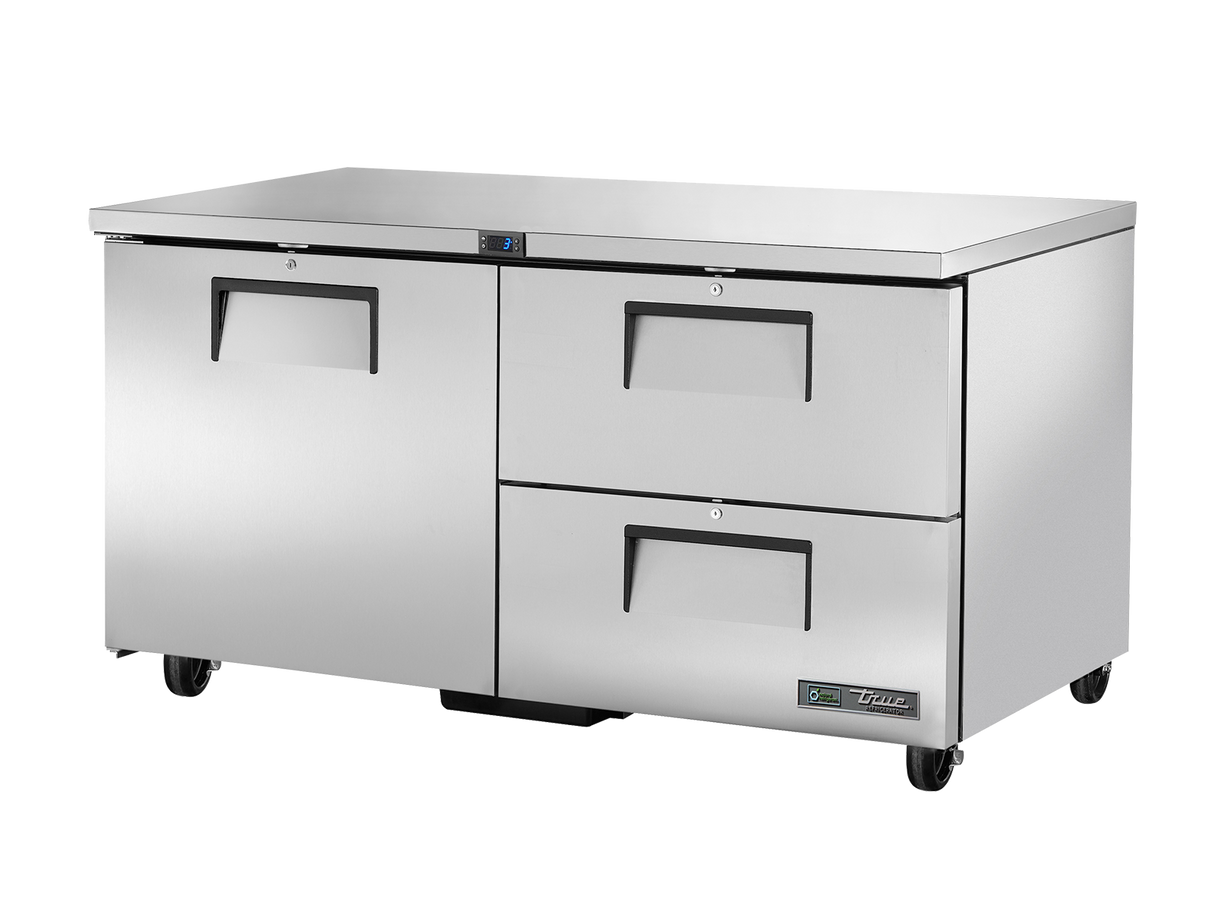 True Refrigeration Undercounter Foodservice Refrigerator, 2 Drawers + 1 Solid Swing Door-TUC-60D-2-HC