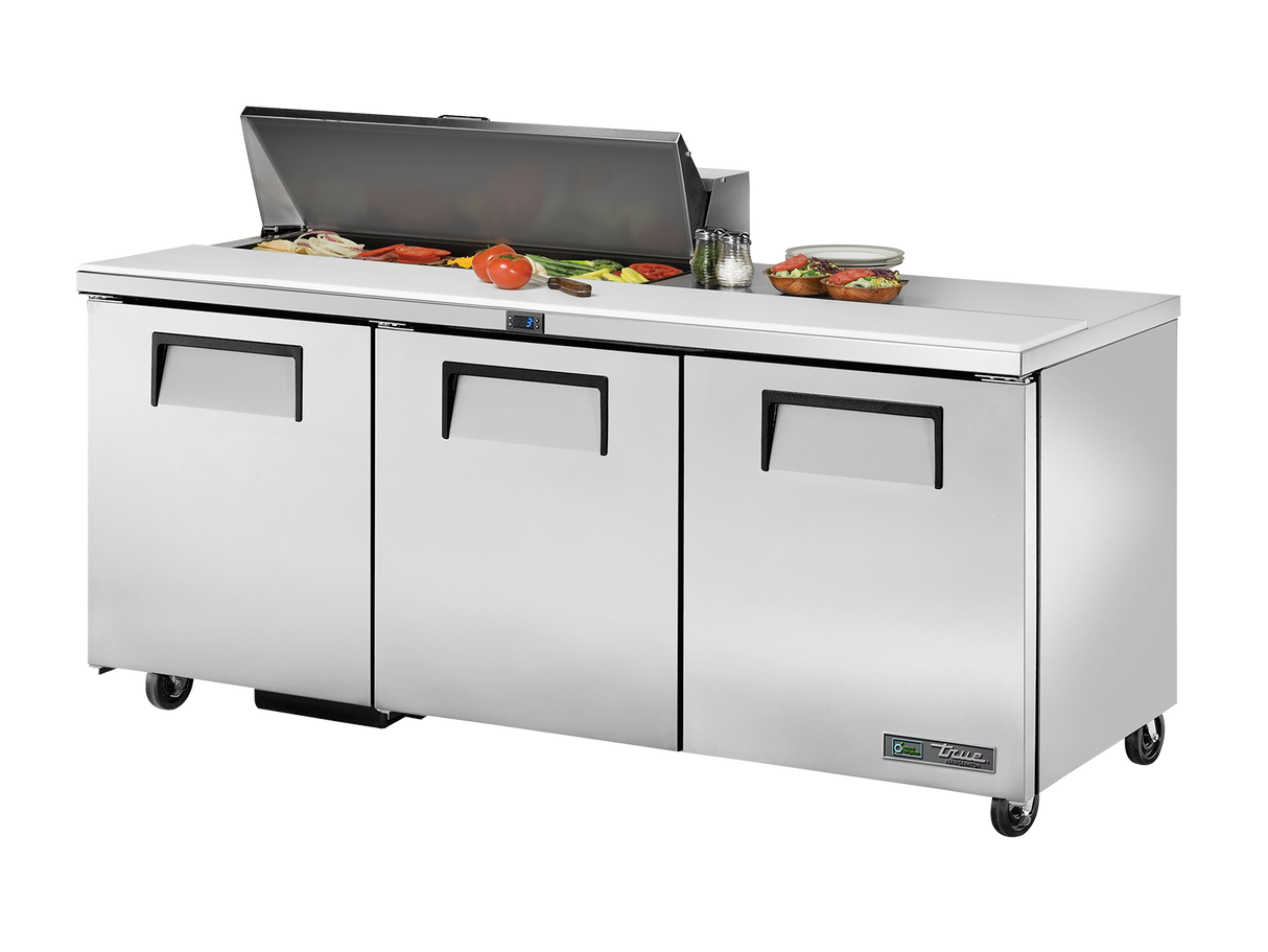 True Refrigeration Prep Table 10x 1/6 Top Pans 3 Solid Swing Doors - TSSU-72-10-HC