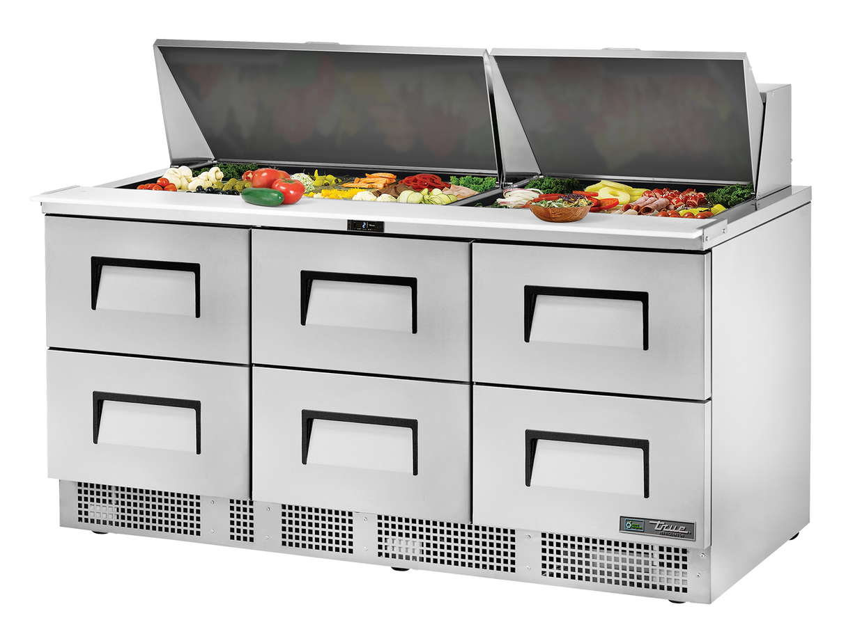 True Refrigeration Prep Table 30x 1/6 Top Pans 6 Drawers - TFP-72-30M-D-6-HC