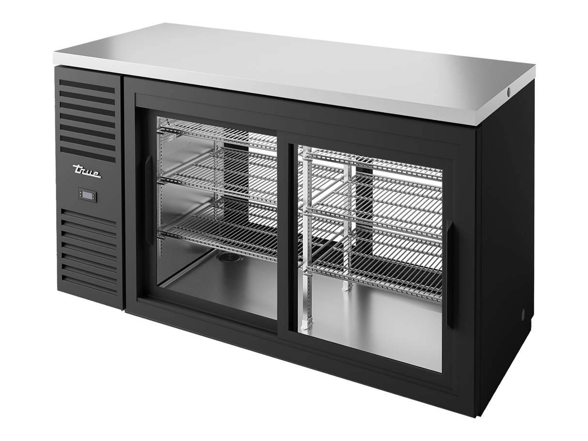 True Refrigeration Pass-Thru Bar Refrigerator Black Ext 2 Glass Slide Doors Front 2 Glass Slide Doors Rear - TBR60-PTSZ1-L-B-11-11-2