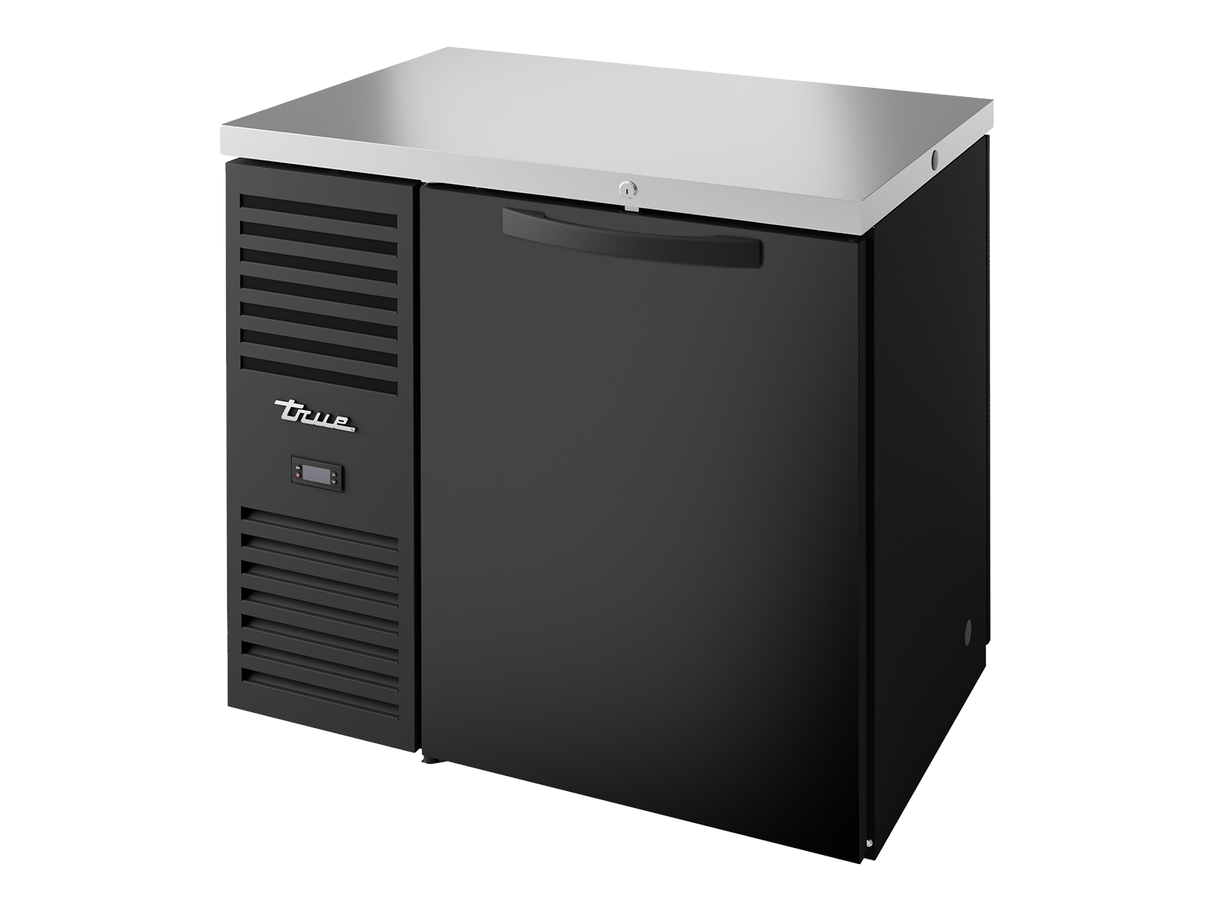 True Refrigeration Pass-Thru Bar Refrigerator Black Ext 1 Solid Swing Door Front 1 Solid Swing Door Rear - TBR36-PTSZ1-L-B-S-S-2