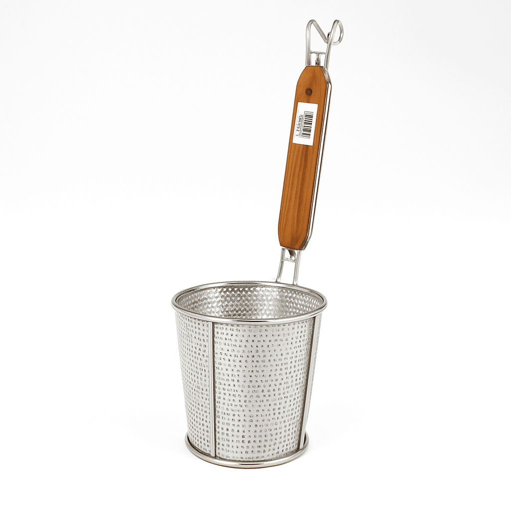 Noodle Basket - Perforated - Flat Bottom - Wooden Handle - ˜120mm - HN550264 - Whisk Hospitality - 45058
